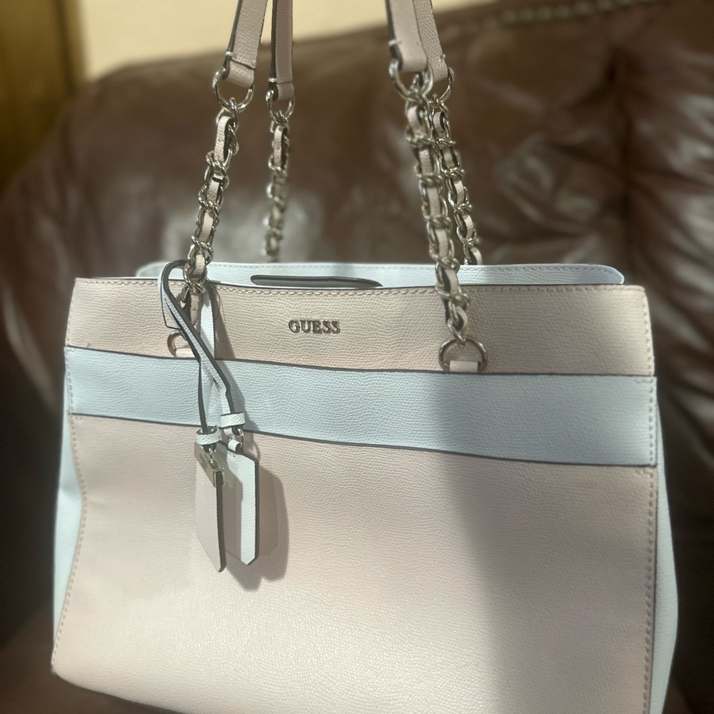 Guess Katiana Chain Strap Girlfriend Satchel in a pink Multi color faux leather.
